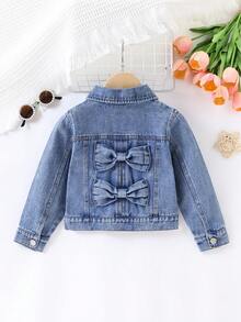Girls' Short Denim Jacket With Double 3D Bow Back Decor, Turn-Down Collar And Single-Breasted Buttons - Medium Wash - View 1
