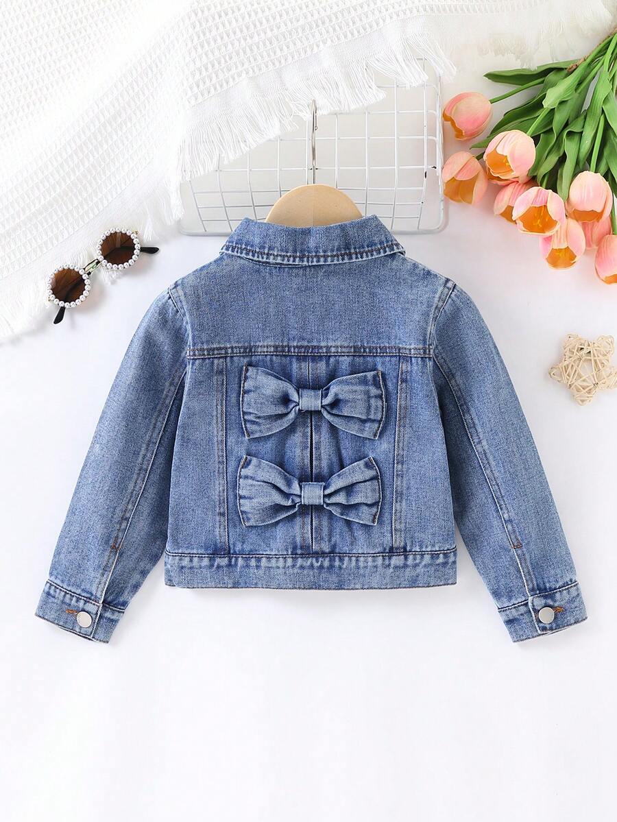 Girls' Short Denim Jacket With Double 3D Bow Back Decor, Turn-Down Collar And Single-Breasted Buttons - Medium Wash - View 1
