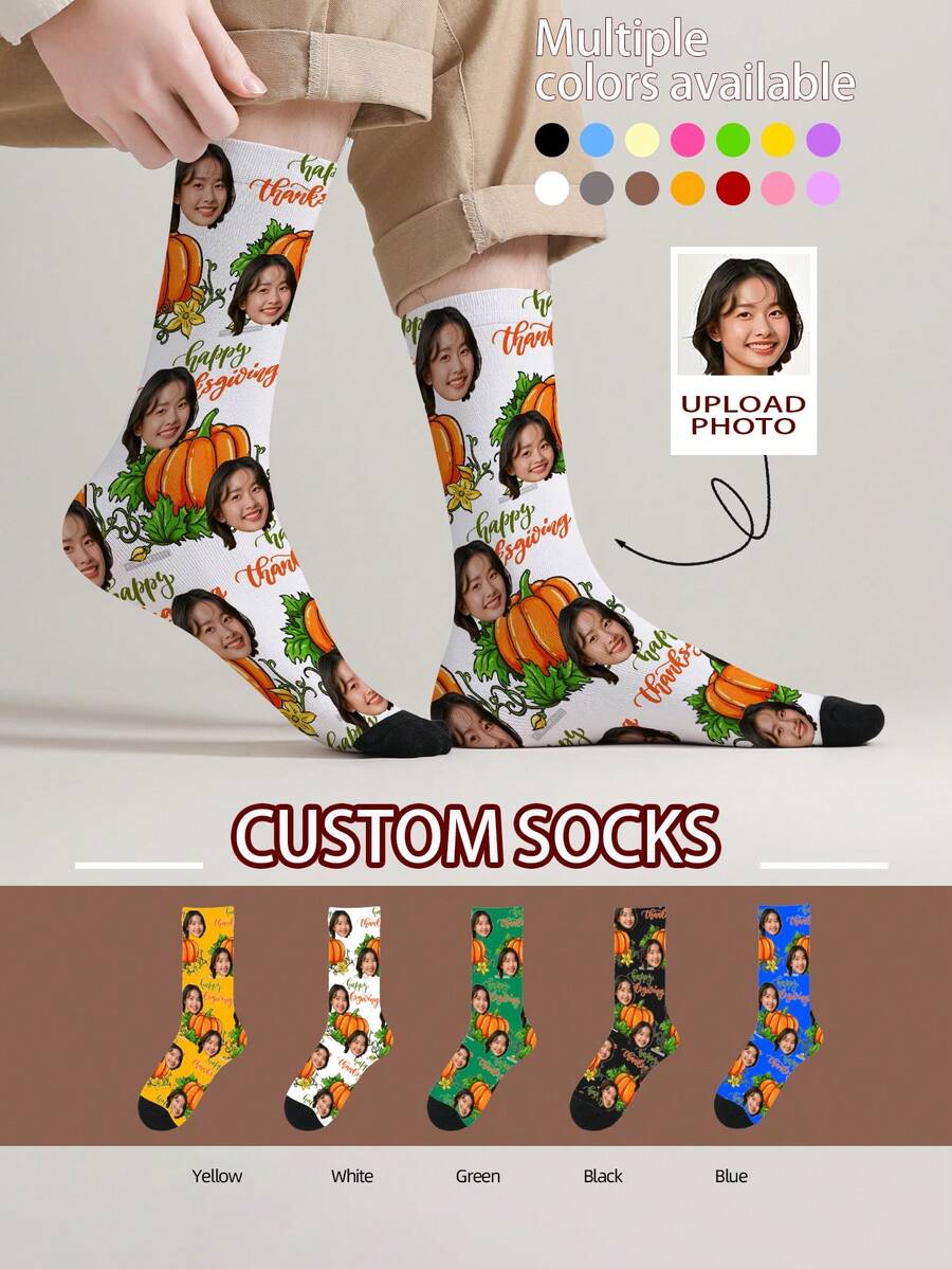 1 Pair Customizable Men's Mid-Calf Socks With Face Pattern, Can Print Any Face On Socks, Personalized Photo Socks, Fun Customized Image Mid-Calf Socks, Suitable For Valentine's Day, Birthday, Gift-Giving, Thanksgiving And Other Occasions, Personalized Customization