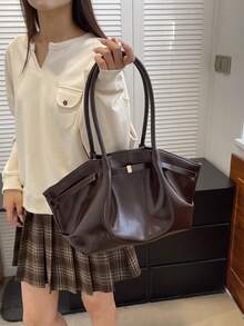 1件咖啡棕夏季新款金屬五金飾帶大容量純色PU托特包女款單肩包 - 咖啡棕 - 查看 5