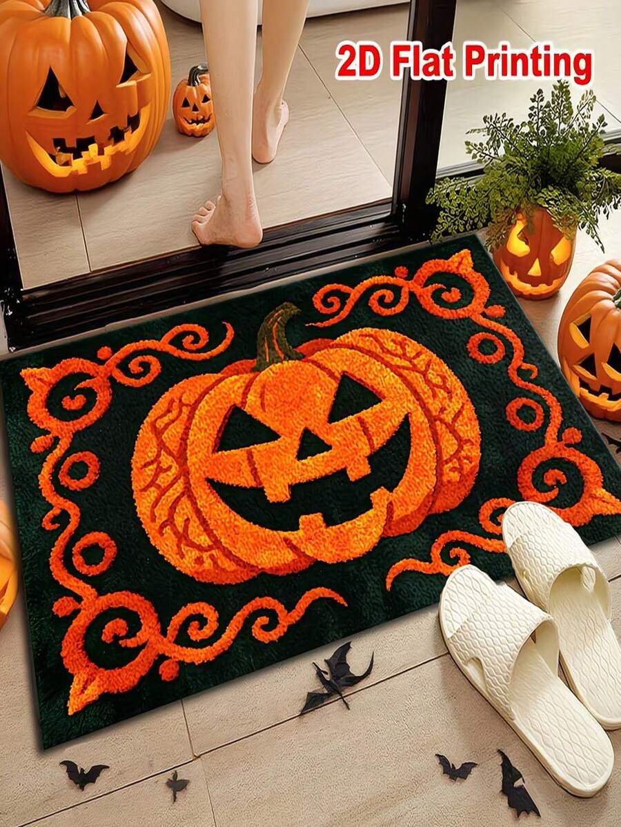 1pc Halloween Pumpkin-Patterned Floor Mat; Made Of Crystal Velvet; Machine-Washable; Suitable For Spring Use; Ideal For Bathrooms, Bathroom Entrances, Vanity Areas, Bathtubs, And Doorways; Adds A Festive Atmosphere To Your Home. - A - View 1