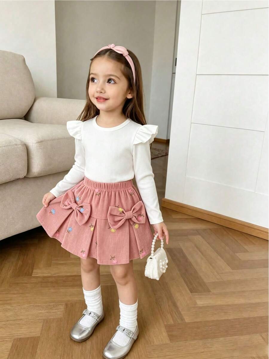 2pcs Young Girls' Casual Cute Round Neck Flutter Sleeve Long Sleeve Top & Double Bow Decorated Embroidered Fabric Skirt Set, Comfortable & Sweet, Suitable For Daily Wear And Outings In Spring And Autumn - White - View 1