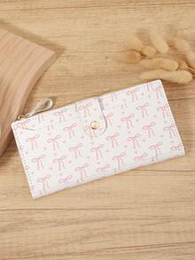 Fashionable Bow Print Long Wallet With Zipper And Buckle Fold Design, Suitable For Carrying Small Phones, Ideal For Outdoor And Travel - White - View 5