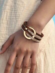 Gelang Kulit PU Multilayer, Gelang Manset Pergelangan Tangan dengan Gesper Magnet Lingkaran Berongga - Gelang kulit bundar berongga - View 5