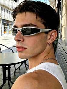 1 Pair Silver Rim Small Frame Men's Fashion Glasses Y2K Avant-Garde Personalized Glasses Narrow Frame Small Future Style Men's Glasses Street Flash Personalized Influencer Same Style Men's Future Glasses - Silver - View 1