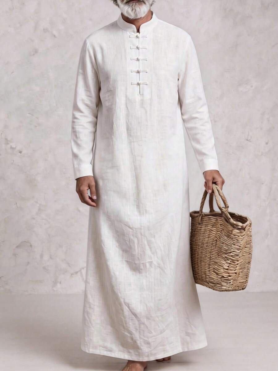 GOLDREDY Men's Stand Collar Long Sleeve Long Robe Solid Color Loose Minimalist Frog Button Long Shirt Casual Long Traditional Clothing - White - View 1