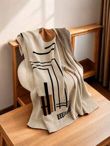 1pc Ultra Soft & Cozy Scandinavian Knit Throw Blanket - Luxurious Striped Design, Suitable For All Seasons, Great For Office Naps, Chilly Nights And Cuddling - Lightweight Acrylic Material, Easy Care, Versatile Use - Beige - View 2