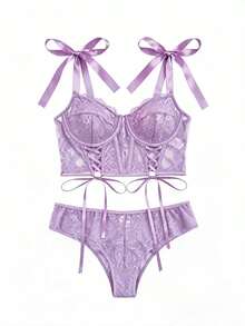 PRIMERA DAMA Sexy Lace Lingerie Two Piece Set - Dusty Purple - View 6