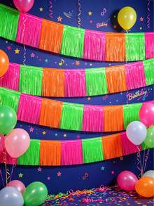2pcs/1pc-Glow In The Dark Party Supplies - Neon Fringe Banner, Fluorescent Macaron Yellow Green Pink Metallic Tinsel Curtain, Metallic Tinsel Banner, Photo Booth Prop Table Skirt, Photo Backdrop,Birthday, Graduation, Christmas Party Decor - Width - View 2