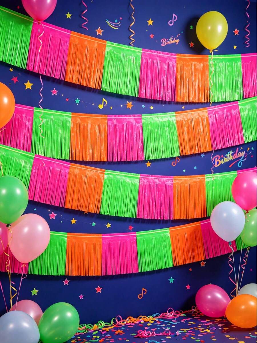 2pcs/1pc-Glow In The Dark Party Supplies - Neon Fringe Banner, Fluorescent Macaron Yellow Green Pink Metallic Tinsel Curtain, Metallic Tinsel Banner, Photo Booth Prop Table Skirt, Photo Backdrop,Birthday, Graduation, Christmas Party Decor