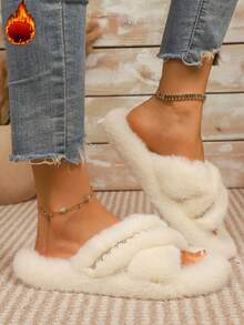 Elegant Rhinestone Cross Strap Plush Slippers For Women, Thick Sole Soft Indoor Outdoor Open Toe Warm Fuzzy Slippers - White - View 4
