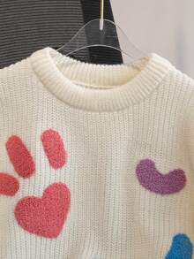 Girls' Sweet Heart & Smiling Face Plush Applique Embroidered Crew Neck Long Sleeve Knit Sweater, Chunky Texture, Cute Casual Versatile Pullover, Short Length, Suitable For Daily Wear, School, Spring, Autumn, Winter - Apricot - View 3