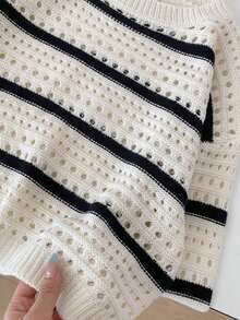 Spring/Autumn New Black & White Contrast Horizontal Stripe Hollow Knit Sweater, Round Neck Drop Shoulder Long Sleeve Loose Fit Versatile Thin Knit Top - Black and White - View 7