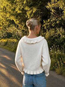 MORI Fall Winter Women Sweaters Casual Y2K Basic White Ruffle Trim Collar Button Front Long Sleeve Slim Fit Knit Cardigan Daily Outfits - White - View 7