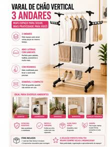 Varal de Chão Vertical 3 Andares Dobrável com Rodinhas e Abas Laterais, Varal de Roupas Grande Multiuso para Apartamento - Preto - Preto - Visão 10