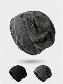 1pc Men's Distressed Ripped Thin Knit Beanie, Street Fashion Brand, Large Head Circumference Makes Face Look Smaller, Slouchy Knit Hat - Multicolor - View 1