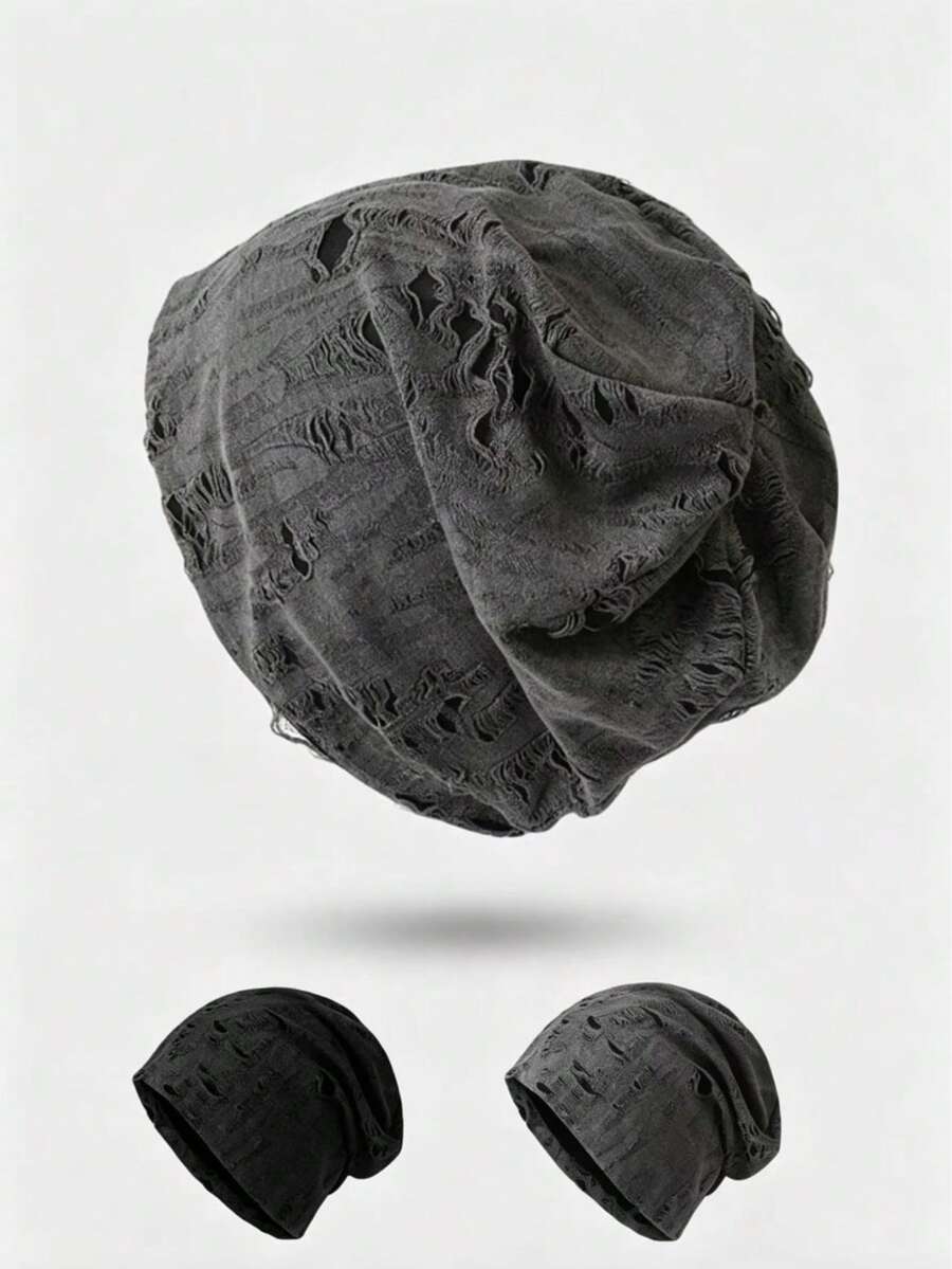 1pc Men's Distressed Ripped Thin Knit Beanie, Street Fashion Brand, Large Head Circumference Makes Face Look Smaller, Slouchy Knit Hat - Multicolor - View 1