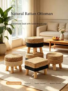 1PC Pastoral Style Woven Rattan Stool, Thick Woven Footstool For Home, Solid Wood Small Bench For Living Room Sofa, Entryway Shoe Bench, Creative Handmade Woven Stool For Balcony Leisure, Bedroom Vanity Stool, Coffee Table Footrest, B&B Retro Style Low Stool, Stable Solid Wood Frame Wear-Resistant Woven Surface Square Stool, Stackable Storage Guest Stool, Simple Nordic Style Home Footrest Low Stool - Multicolor - View 2
