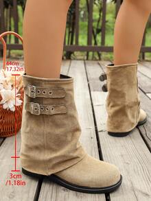 Autumn/Winter New Vintage Style Khaki Women's Short Boots Round Toe Flat Slip-On Ruched Stacked Boots Commute Outfit Travel Versatile - Khaki - View 5