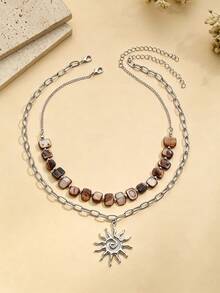 2pcs/Set Casual Style Asymmetrical Beaded Chain Necklace With Sun Pendant, Fashionable Versatile Necklace For Women, Suitable For Daily Wear And Beach Vacation, Beaded Shape, Size And Color Are Random - Multicolor - View 2