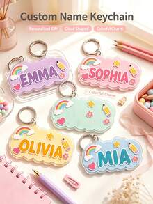 Personalized Cloud Keychain, Customized Name Cute Rainbow Pencil Case Charm, Acrylic Key Ring, Suitable For Backpack, School Bag, Luggage, Back To School Gift - Multicolor - View 4