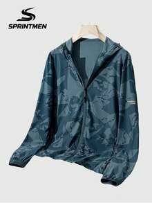 1pc Moisture-Wicking Hooded Outdoor Casual Jacket, Lightweight Geometric Print, Suitable For Daily Outdoor Activities, Running, Hiking, Cycling In Summer, Washable Men's Jacket - Dark Green - View 4