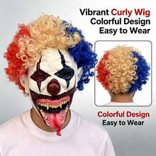 1pc Full‑Face Clown Mask With Red Beige Blue Curly Wig, Latex Costume Mask For Halloween Cosplay, Masquerade, Escape Room, Themed Party Role‑Play Dress‑Up Props - A - View 3