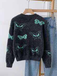 Girls' Street Style Butterfly Knit Cardigan, Faux Fur Trim, Versatile For Daily Wear, Spring/Autumn/Winter - Black - View 4