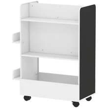 Kinderboekenkast op wielen, opbergruimte voor kinderboeken van 3 tot 8 jaar met krijtbord, 66,5 x 32,5 x 86,5 cm, wit - A - Bekijken 2