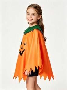Halloween Pumpkin‑Print Parent‑Child Cape Set, Jagged Hem With Green Collar, Cosplay Costume For Holiday Party - Multicolor - View 3