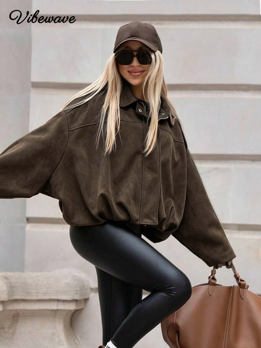 VIBEWAVE Dark Brown Faux Suede Loose Drop Shoulder Drawstring Cropped Jacket For Women, American Retro Street Style, Spring/Autumn Daily Commute Streetwear - Brown - View 1