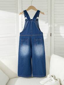 Overall Denim Biru Tua untuk Anak Laki-Laki, Celana Jeans Kaki Lebar dengan Ujung yang Robek, Tali Bahu yang Dapat Diatur, Saku Depan, Gaya Baru untuk Pakaian Sekolah dan Aktivitas Luar Ruangan Sehari-hari - Biru - View 7
