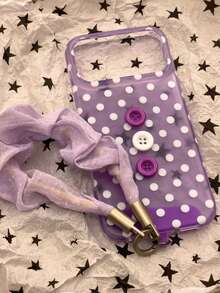 Ins 3D Purple Polka Dot Button Phone Case Compatible With Apple 17 Pro Max, 16 New Model, 15, 15P, 17, 16P, 17P, High-Quality Creative Niche Anti-Drop Protective Cover With Lanyard - Purple - View 3