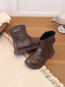 Girls' Vintage Brogue Ankle Boots, Autumn Soft Leather Buckle Side Zipper Boots, Little Girls' British Style Brown Classic Boots - Brown - View 3