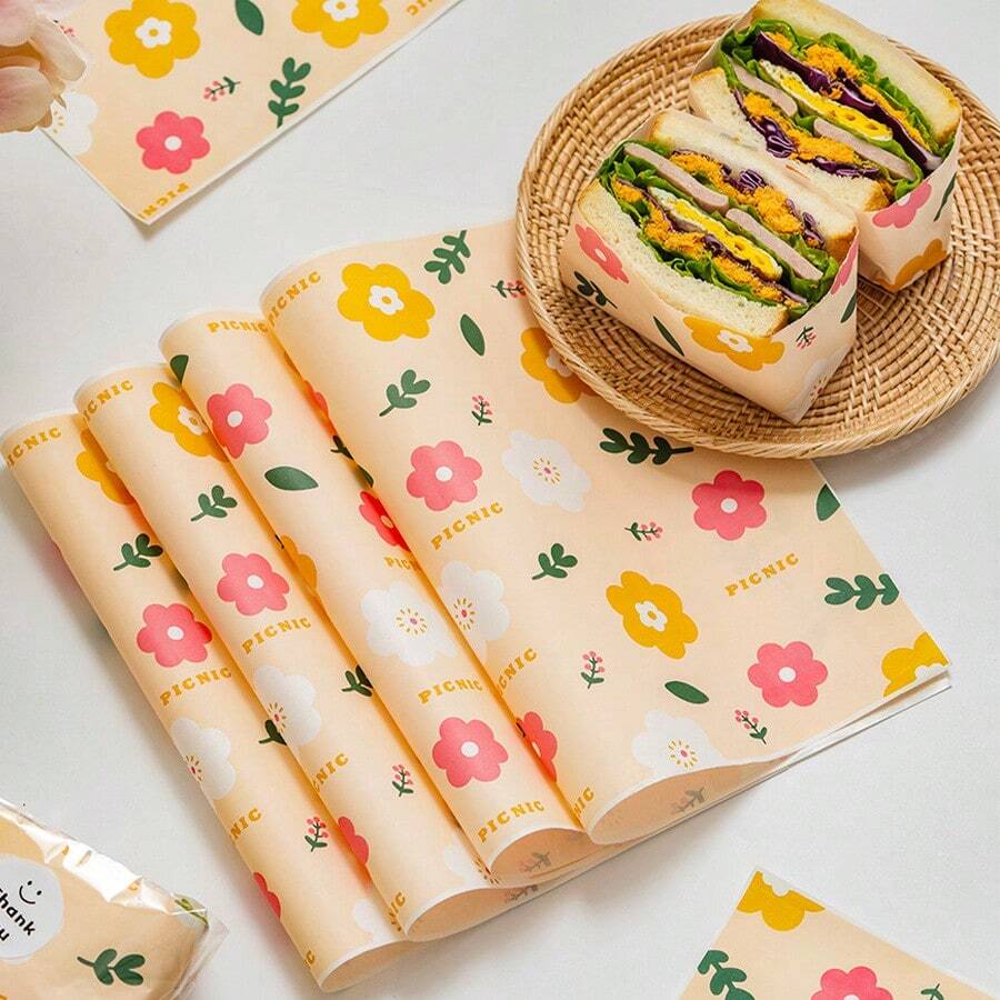 500/200/100/50 Sheets Floral Food Wrapping Paper, Hamburger And Sandwich Wrapping Paper, For Lunch Boxes, Food Baskets, Cafes, Parties, Baking, Catering, Takeout Packaging, Home Kitchens And Food Service - View 1