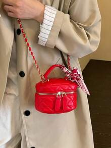 Handbag With Quilted Diamond Pattern And Scarf Accessory, Exquisite Storage With Zipper Closure, Suitable For Travel, Gatherings, Dates, Shopping, With Metal Chain For Multiple Carrying Ways, Elegant Box Handbag, Fashionable Small Bag For Various Outfit Styles - Red - View 6