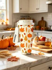 1pc/5pcs 500ml Thanksgiving Autumn Harvest Pattern Insulated Coffee Cup, With Carrying Strap, Reusable Travel Insulated Coffee Cup, Fashionable Drinking Cup, For Iced Coffee, Birthday Holiday Gift For Boyfriend, Pumpkin Maple Leaf Print, Couple Water Cup Suitable For Camping, Road Trips And Holiday Gifts - Multicolor - View 5