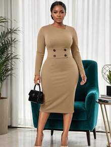 NOU Women's Mid-Length Asymmetrical Shoulder Long Sleeve Button Waist Cinched Bodycon Pencil Dress - Khaki - View 3