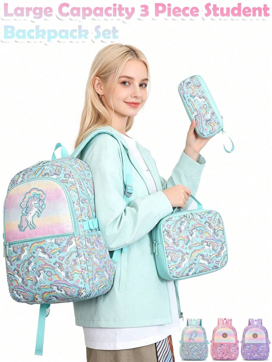 3pcs Unicorn Shiny Glitter Backpack Set, Includes Matching Insulated Lunch Bag And Pencil Case, Perfect For School, Travel And Back To School Season