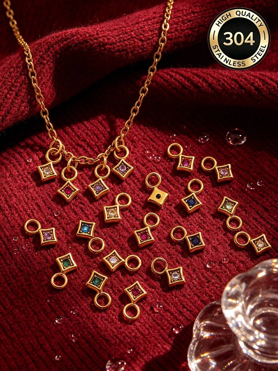 5 Pcs 304 Stainless Steel 18K Gold Plated Square Rhinestone Charms, Multi‑Color Crystal Tiny Pendants DIY Jewelry Accessories, Handmade Necklaces - Pendants - View 1