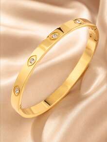 18K Gold Plated Stainless Steel Bangle, Evil Eye Zirconia Narrow Open Cuff Bracelet, Daily Wear Holiday Gift For Women - Gold - View 4