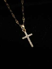 1Pc Dainty Cross Cubic Zirconia Pendant Necklace,14K Gold Plated Copper Pendant Stainless Steel Chain,Women Jewelry For Daily Wear Birthday Party Gift - Gold - View 9
