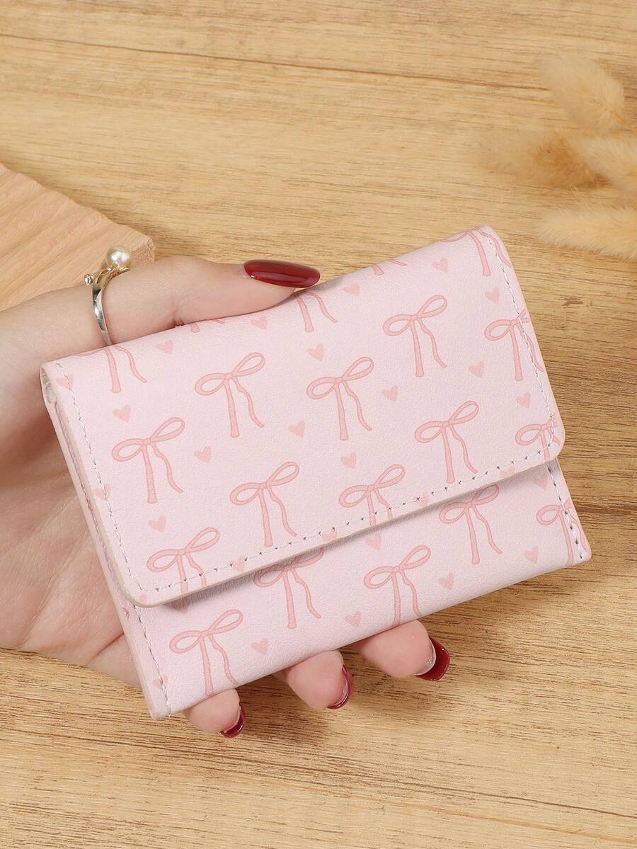 New Bow Printed Card Bag, Flip Button Coin Wallet, Lightweight And Portable Cash And Credit Card Bag, Perfect For Outdoor And Travel - Pink - View 1