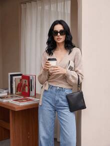 Women's Solid Color V-Neck Tie-Front Knit Sweater, Minimalist Fashion Open Front Design, Suitable For Autumn/Winter - Camel - View 2