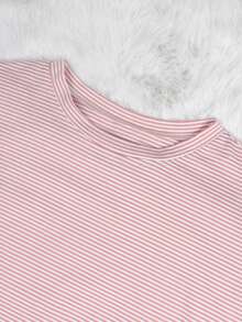 2pcs Simple Striped Loose Knit Long Sleeve Top & Side Split Shorts Casual Homewear Set For Home Use, Two Pieces Set Outfit, Cozy - Pink - View 6