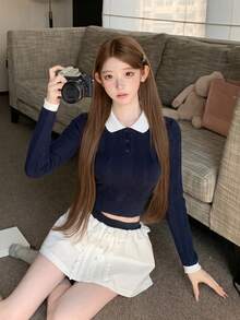 Korean Style College Style Color Block Polo Collar Long Sleeve Knit Sweater Women Autumn Youthful Slimming Versatile Crop Top - Navy Blue - View 2