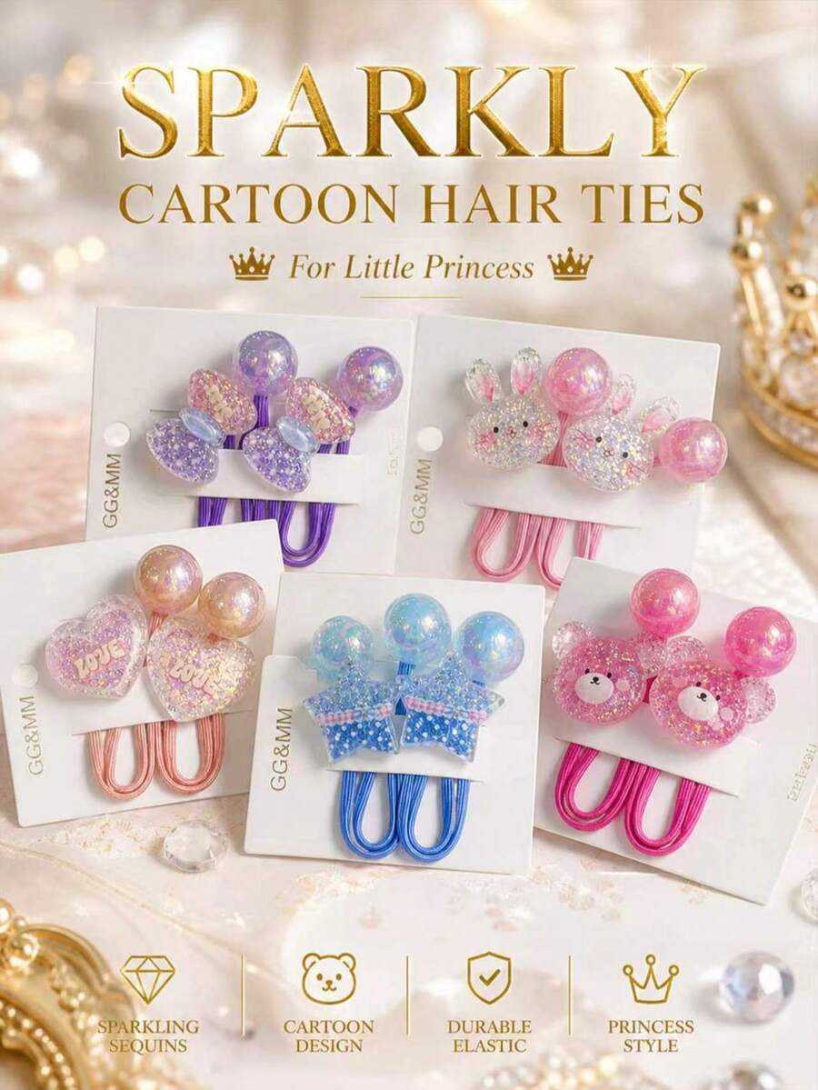 10PCS Cute Sparkly Glitter Cartoon Hair Ties For Little Girls, Bear Rabbit Heart Star Design Elastic Hair Bands, Princess Style Kids Hair Accessories - Multicolor - View 1