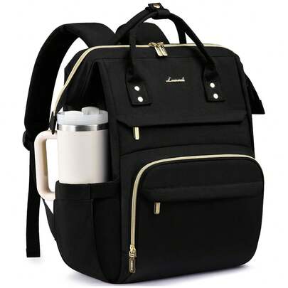 LOVEVOOK Laptop Backpack For Women With Giant Tumbler Holder Pocket, Waterproof Travel Computer Laptop Bag, Black