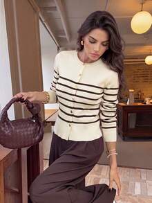French Style Round Neck Ribbed Knit Cardigan Women, Slim Fit Short Length Contrast Color Fine Ribbed Long Sleeve Outerwear, Versatile Commute Top - Apricot - View 1