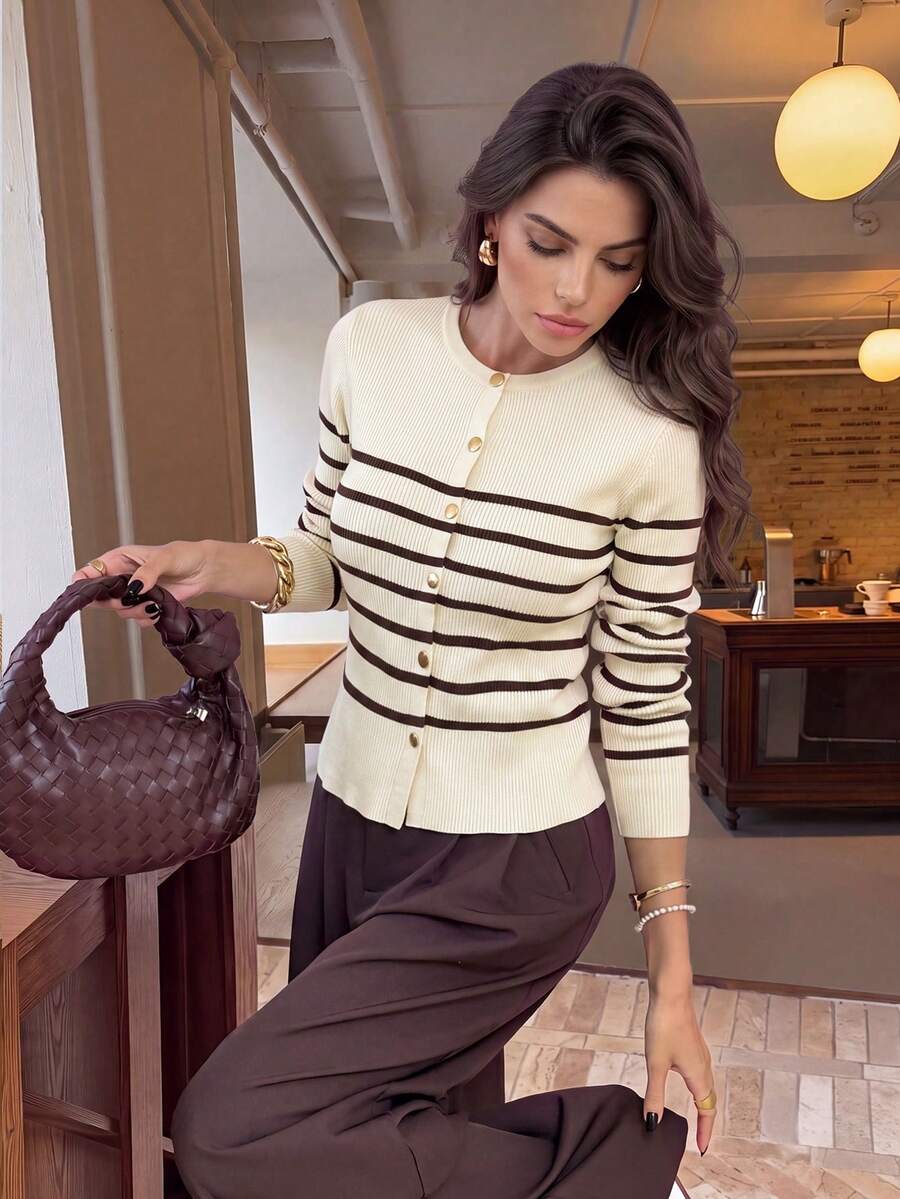 French Style Round Neck Ribbed Knit Cardigan Women, Slim Fit Short Length Contrast Color Fine Ribbed Long Sleeve Outerwear, Versatile Commute Top - Apricot - View 1
